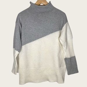 White and gray colorblock high neck pullover knit sweater